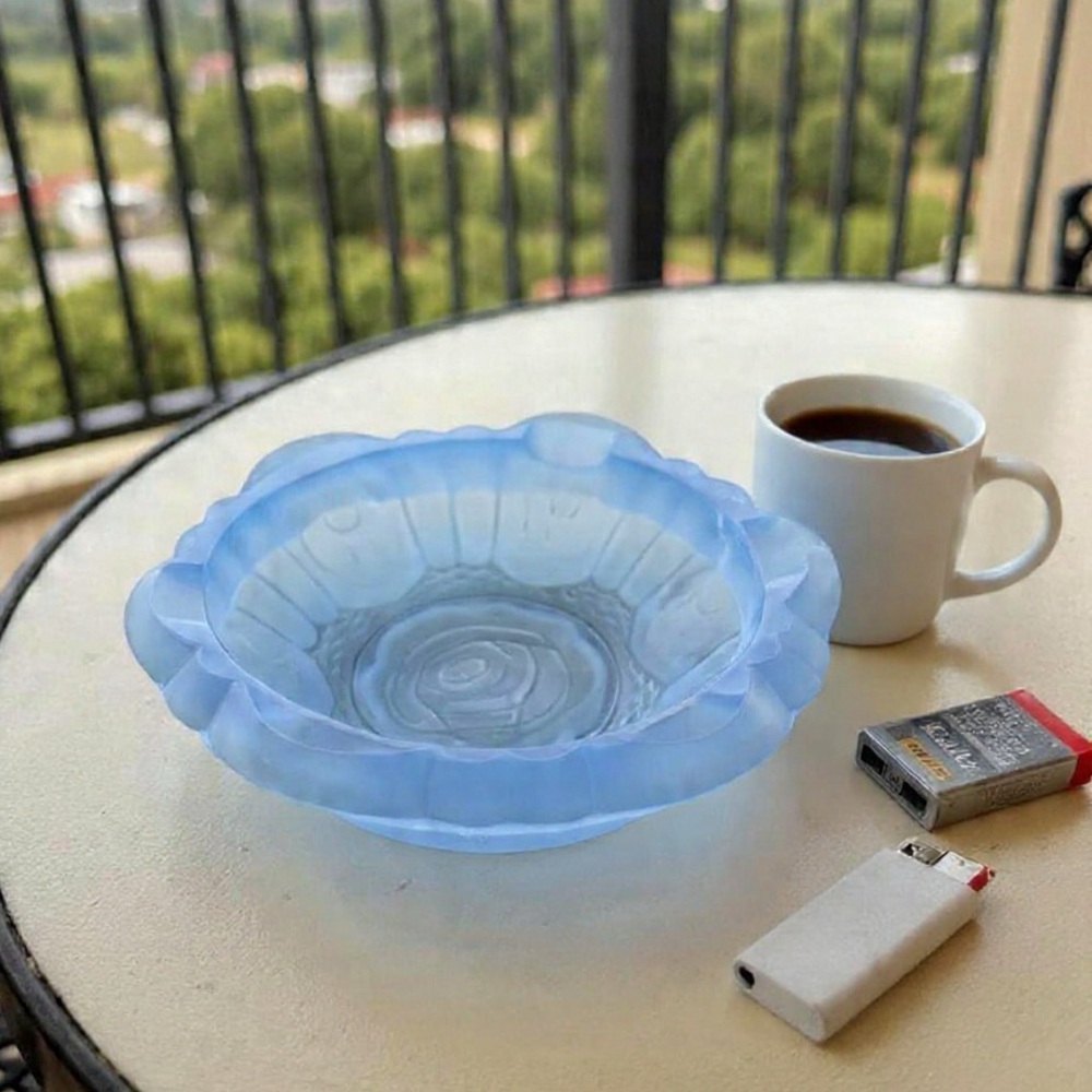 Vintage Satin Frost Blue Art Glass Rose Pattern 7" Ashtray
